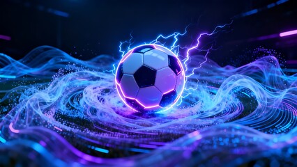 Fototapeta premium Soccer ball surrounded by electric blue energy and swirling purple light on dark background.