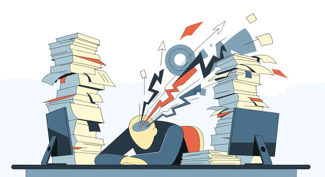 Person overwhelmed by work, surrounded by towering stacks of paper and exploding with stress and information overload at a desk.