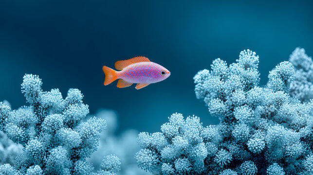 Orange reef fish swimming above turquoise coral and sea anemones in a sunlit underwater scene