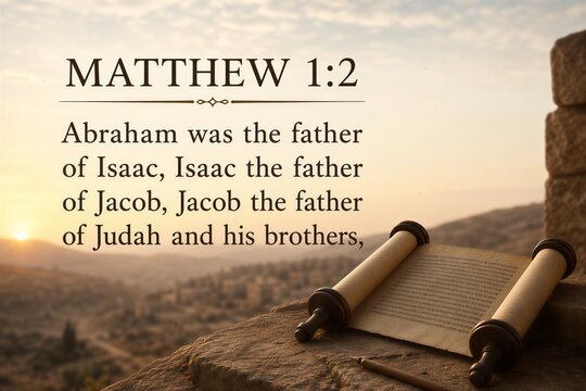 Matthew 1:2 genealogy scripture on an ancient parchment scroll with a quill, set against a biblical desert landscape at golden hour, evoking historical ruins.