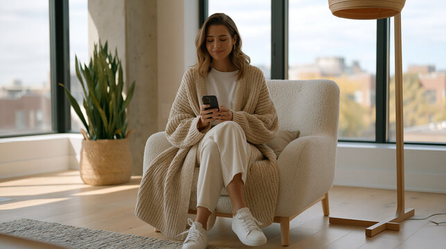 Apartment renter using an augmented reality proptech tool to visualize furniture placement and neighborhood safety overlays in an empty rental unit, overcast daylight from wide