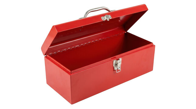 Red metal toolbox with handle and latch open isolated on transparent background