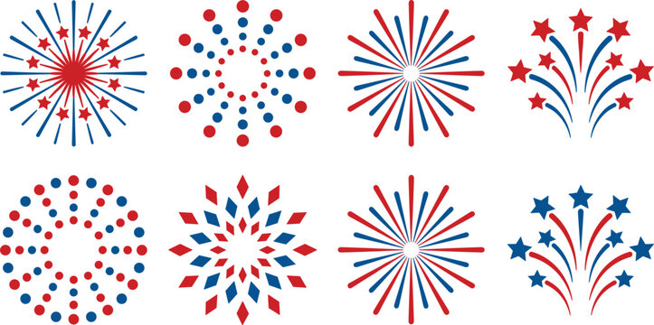 Red Blue White Fireworks Vector Icon Set with Stars and Burst Patterns for Independence Day Celebration Party and Patriotic Design Projects