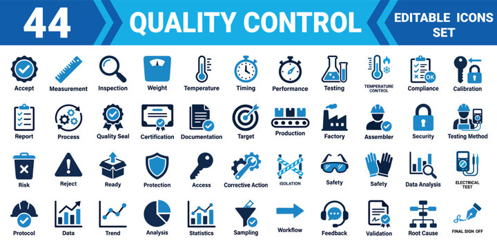 Quality control solid icon set collection 44 editable vector illustrations for industrial applications