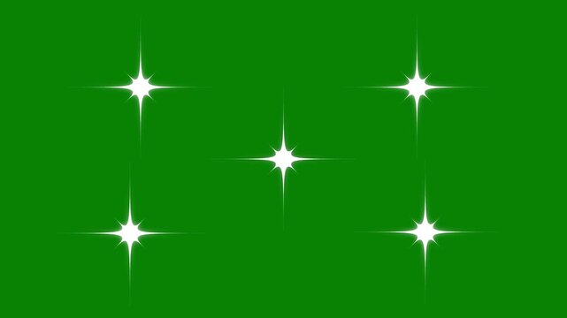 Blinking, twinkle light stars sparkling, white cartoon doodle style flat vector stars, magical night sky festive sparkle glow effect, sparkle effect looping on a green background video. 4K