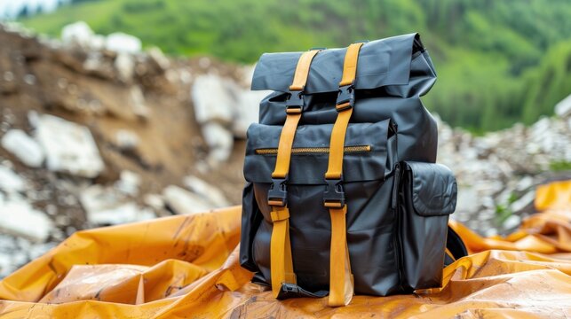 A rugged urban backpack made from upcycled truck tarp, resting on top of raw weathered heavy duty vinyl tarpaulin fabric, lifestyle shot