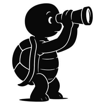 Cute Turtle Looking Through Spyglass Vector Silhouette Funny Explorer, Future Vision, and Discovery Illustration.