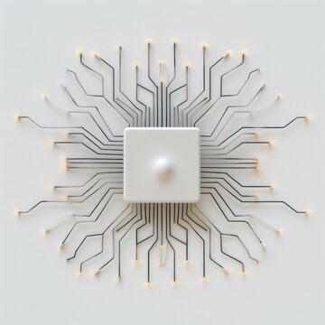 A top down view of a single square microchip processor, with fine circuit lines exploding outwards like geometric star rays, embossed 3D light tracer effect