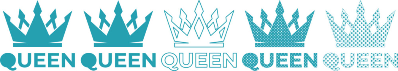 Elegant Queen Crown Vector Set, five distinct teal and light blue royal tiara designs, perfect for branding, fashion, and regal celebration graphics © Zahid