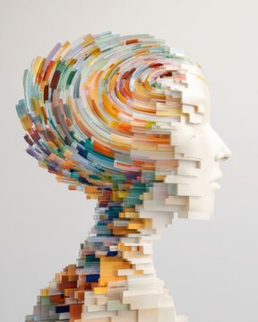 A vertical silhouette profile of a human head (white), inside the silhouette is a swirling vortex of multi colored translucent data voxels