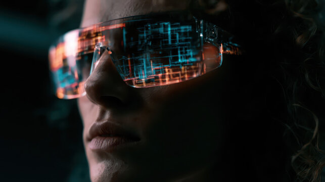 Futuristic Eyeglasses with Interactive Digital Display on Curly-Haired Person, Dark Background, Tech Innovation Concept