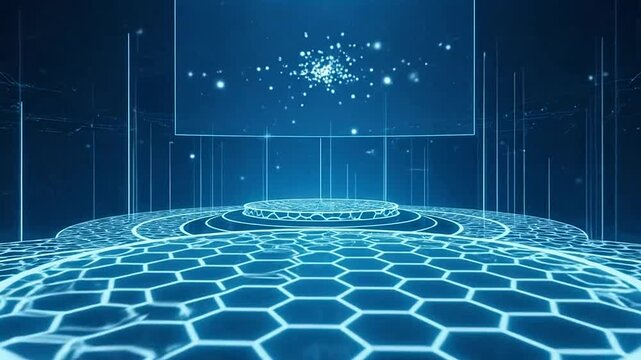 Futuristic digital background with hexagonal grid and glowing blue lines.