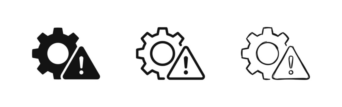 System Settings Error and Gear Warning Alert Icon Set in Solid, Line, and Sketch Art