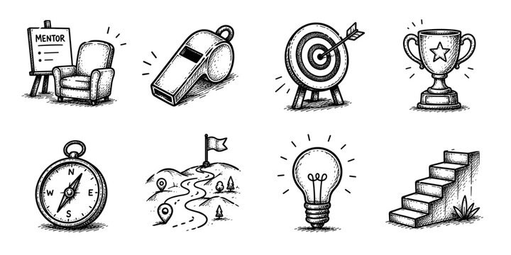 Coaching sketch icon collection in black. Set of mentor chair, whistle, target board, trophy, compass, success path, light bulb and staircase icons in doodle style