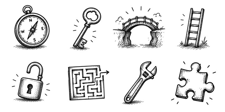 Problem solving sketch icon collection in black. Set of compass, key, bridge, ladder, unlock padlock, maze, wrench and puzzle piece icons in doodle style