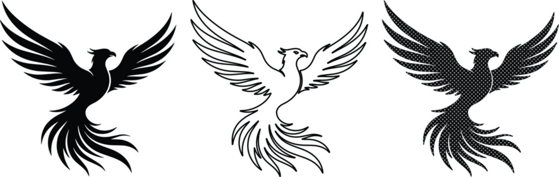 Majestic Phoenix Bird Vector Set, three stylized mythical firebird illustrations, black and white graphic design elements, powerful symbol of rebirth and strength for branding and logos
