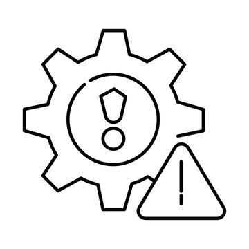 Detailed conceptual vector line art illustration depicting a sophisticated settings gear or cogwheel icon with a prominent circular exclamation mark symbol at its core indicating a critical system err