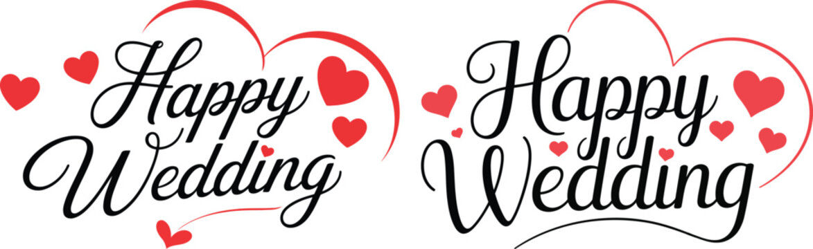 Happy Wedding greeting typography lettering templates set with red hearts outlines and silhouettes on isolated background, marriage holiday vector