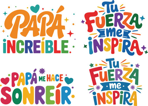 Dia del padre Spanish father's day greeting typography lettering bundle set on isolated background, papa increible tu fuerza me inspira quote designs, vector