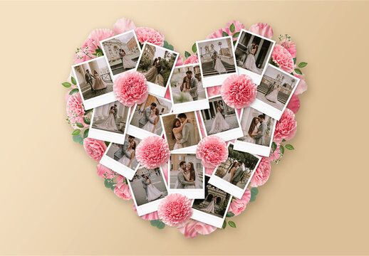Heart Photo Collage Template, Romantic Polaroid Frame Layout For Wedding, Anniversary Poster