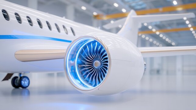 Detailed shot of a sleek white electric aircraft turbine, blue LED light glowing from the intake, carbon fiber textures, bright hangar background