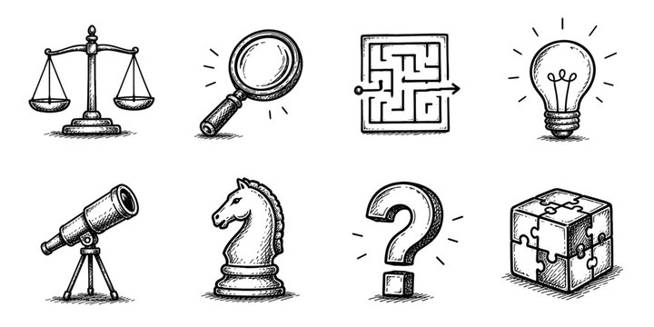 Critical thinking sketch icon collection in black. Set of balance scale, magnifier, maze, light bulb, telescope, chess knight, question mark and puzzle cube icons in doodle style