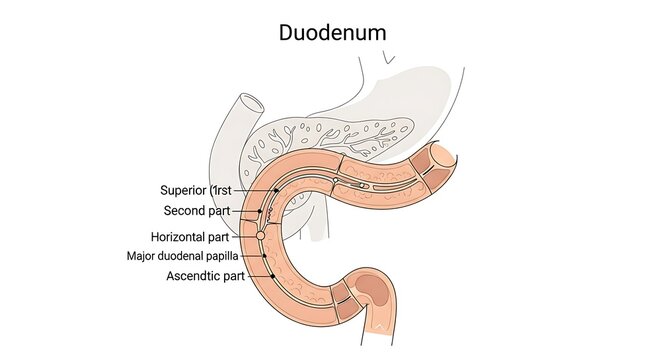 Human duodenum anatomy with labeled parts diagram.