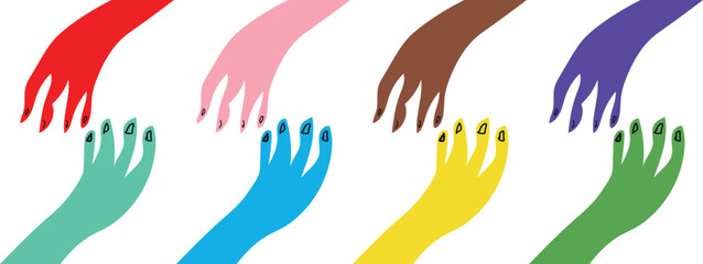 Fototapeta premium A set of stylized colorful hand outlines depicted reaching out designed with a clean modern aesthetic. The white background makes this image versatile for various creative applications.