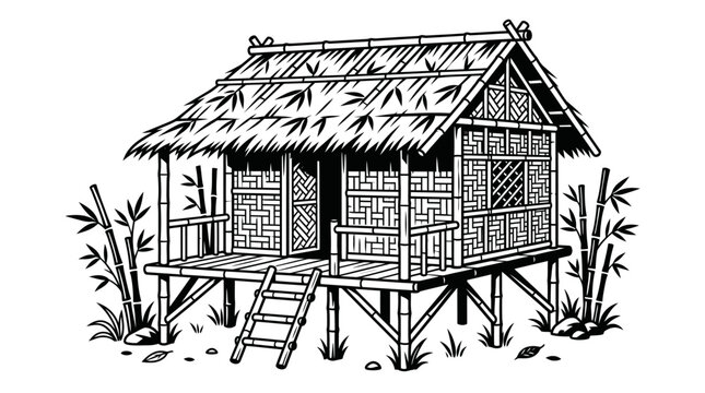 Rustic bamboo hut on stilts in rural landscape.