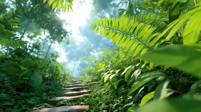 hidden tropical jungle path with sunlight through leaves, lush greenery, humid cinematic atmosphere