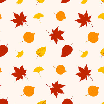 Autumn leaves seamless pattern on light beige background. Repeat print texture of colorful fallen foliage red maple yellow ginkgo orange birch and alder leaves