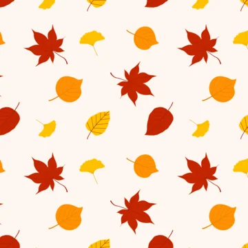 Autumn leaves seamless pattern on light beige background. Repeat print texture of colorful fallen foliage red maple yellow ginkgo orange birch and alder leaves
