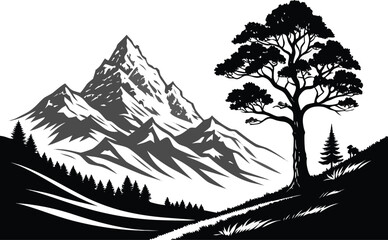 Fototapeta premium Monochrome mountain landscape, snowy peaks, tree silhouette, black and white vector, scenic view, nature background