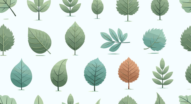 A collection of various stylized green and teal leaves with a single brown leaf, presented in a repeating pattern against a light blue background.