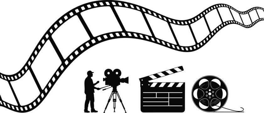 Cinema production set with film strip, cameraman silhouette, clapperboard and reel, vector icons for movie industry and entertainment.
