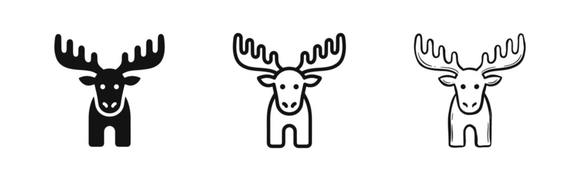 Moose Head Animal Icon Set in Solid, Outline, and Hand-Drawn Doodle Style
