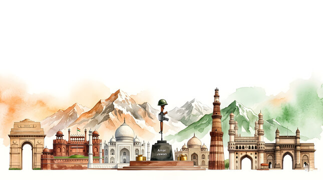 Kargil vijay diwas concept and indian monuments in water color in illustration.