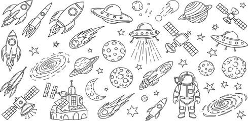 Space Exploration Doodle Collection with Rockets UFOs Astronauts Planets Satellites Galaxies and Cosmic Adventure Sketch Elements © Mimi