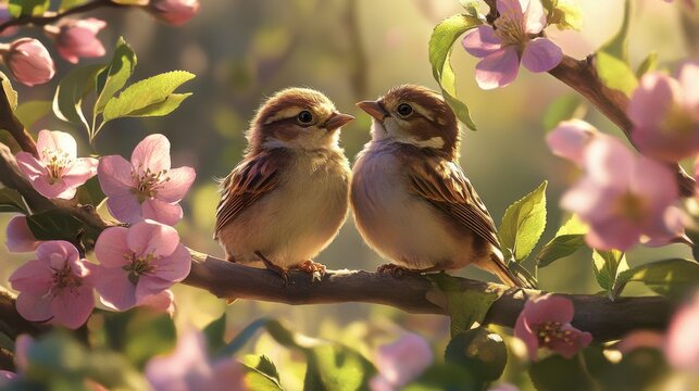 Two sparrows on blooming branch