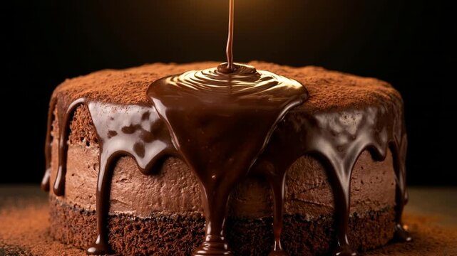 Rich chocolate glaze pouring over a decadent chocolate cake, slow motion drip, professional food styling, dark moody background, 1080p, 60fps.