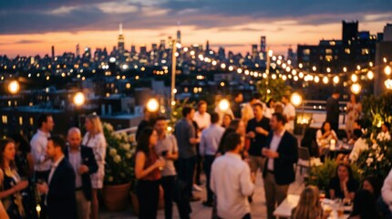 Obraz premium Rooftop party social gathering sunset city skyline blur bokeh people networking event celebration nightlife urban background luxury lifestyle string lights