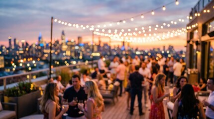 Obraz premium Rooftop party sunset city skyline bokeh social gathering lifestyle celebration urban evening terrace event nightlife luxury background