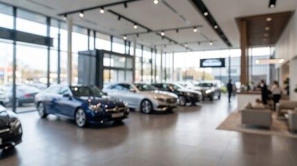 Car dealership showroom interior blurred background luxury automotive display vehicle retail sales floor motor industry transport