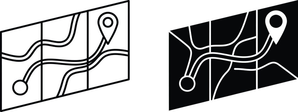 Isometric map with route and location pins black and white versions
