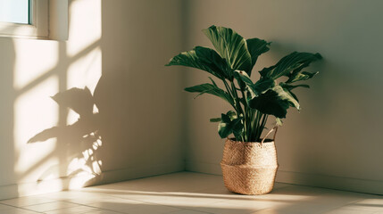 Fototapeta premium Bright, Minimalist Corner with Large Indoor Plant in Woven Basket, Sunlit Shadows on Light Tiles.