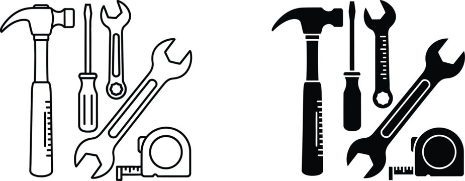 Black and white tool set icons hammer wrench screwdriver tape measure