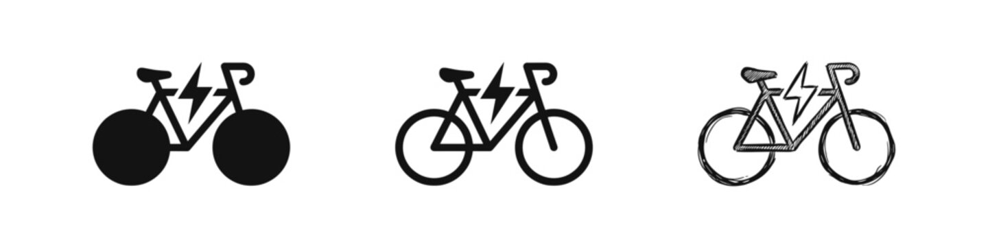 Electric bicycle and e-bike icons in solid, outline, and hand-drawn sketch styles