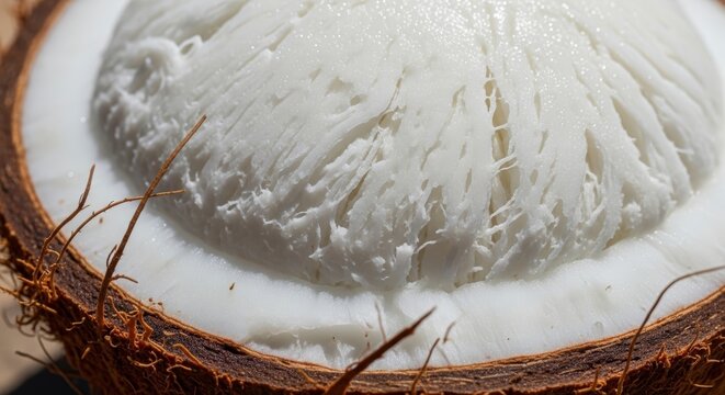 Close-up of a Freshly Cut Coconut Showing White Flesh and Fibrous Husk.