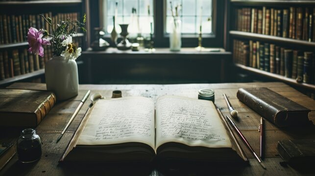 Vintage Library Desk with Open Notebook and Writing Supplies in Cozy Study