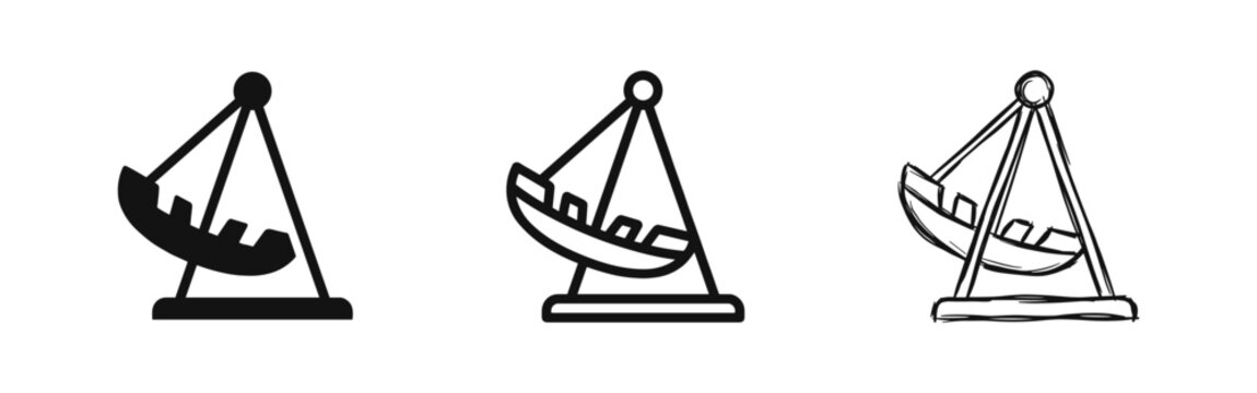 Pirate Ship Amusement Park Ride Icons Set, Viking Ship Attraction for Theme Park and Entertainment, Vector